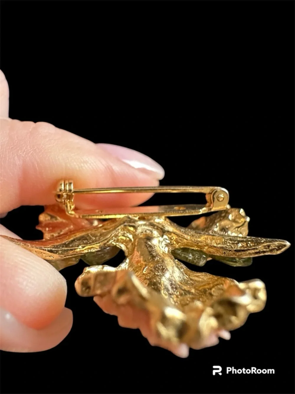 Gold-Tone Floral Brooch with Peach and Green Accents
